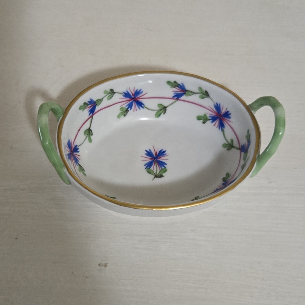 Vintage Herend Blue Garland Floral Oval Basket with Green Handles